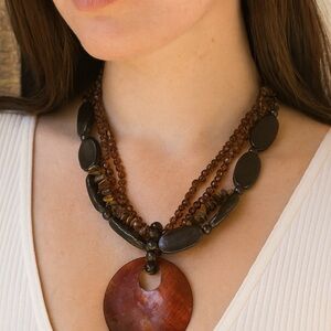 Brown Multi-Strand Beaded Statement Necklace with Large Shell Pendant